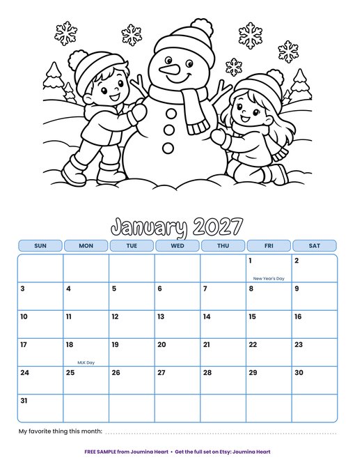 Free page from January 2027 Coloring Calendar