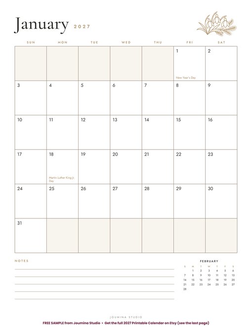 Free page from January 2027 Calendar