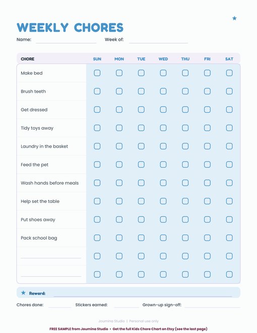 Free page from Kids Weekly Chore Chart